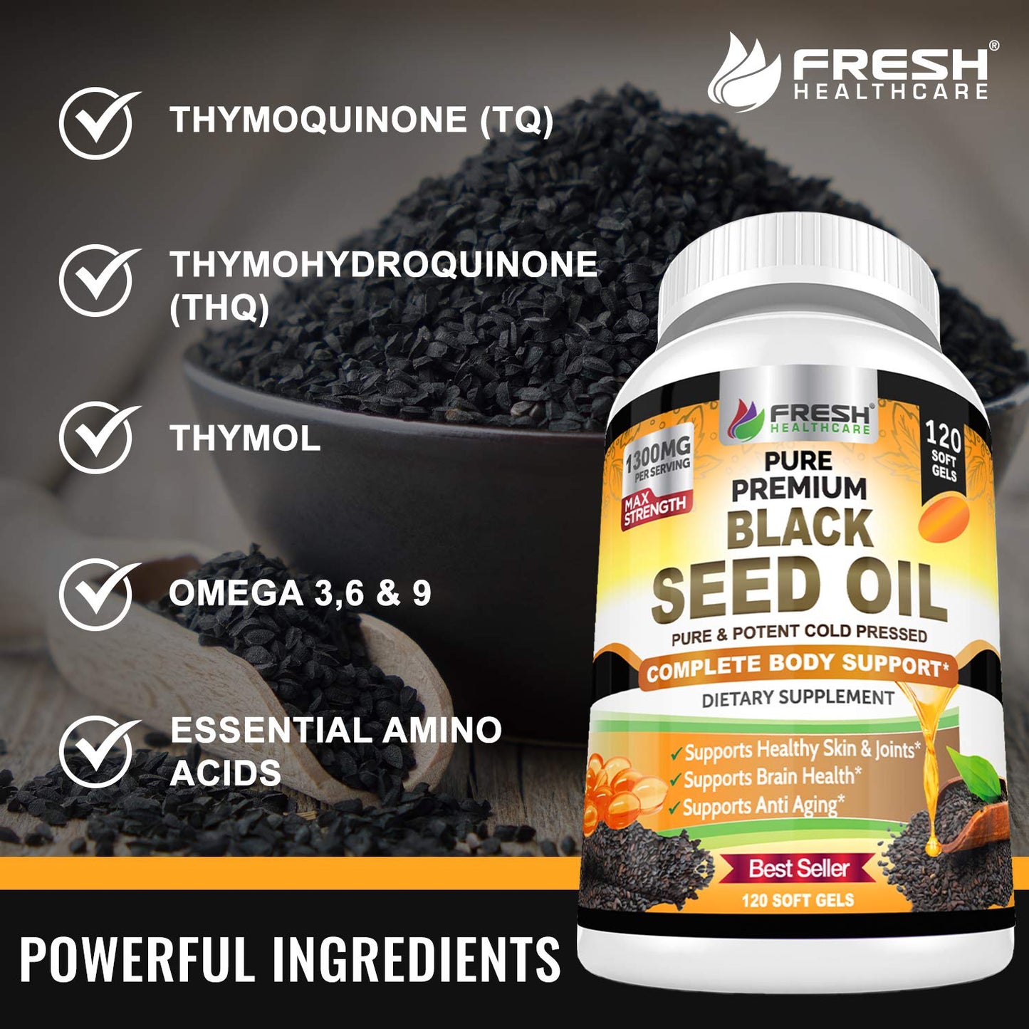 Black Seed Oil Capsules Cold Pressed 1300mg Per Serving, 100% Pure & Premium