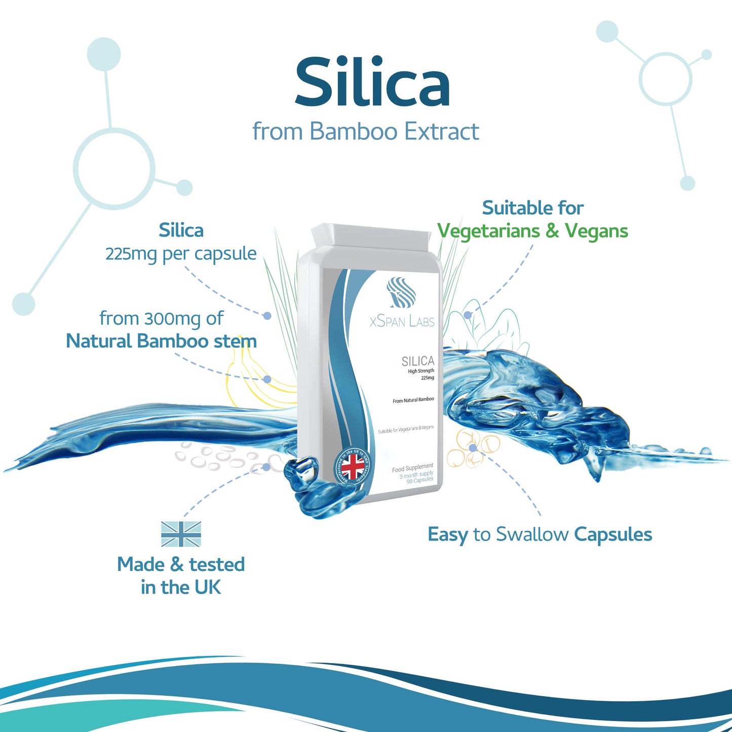 Silica 225mg – 90 Capsules - A Potent Highly Bioavailable Form - Naturally Sourced from Bamboo Extract - One-A-Day Vegan Capsules to Support Healthy Hair, Nails and Skin - Made in The UK