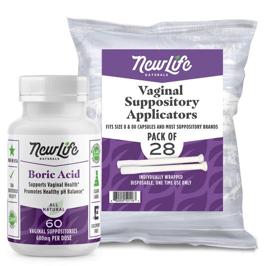 NewLife Naturals Boric Acid Vaginal Suppositories 600mg (60 Pack) with 28 Applicators - for pH Balance