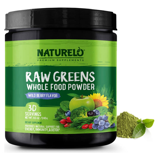 NATURELO Raw Greens Superfood Powder - Wild Berry Flavor - Boost Ener