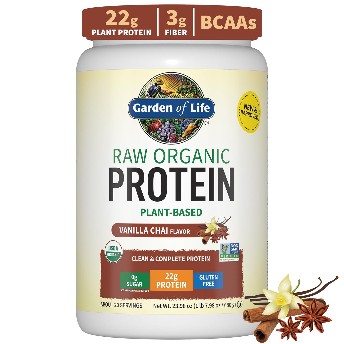 Garden of Life, Organic Vegan Vanilla Chai Protein Powder -22g Complete Plant Based Raw 