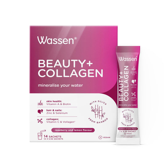 Wassen Beauty and Collagen - Plant-Based Vegan Collagen - 14 Raspberry & Lemon Flavoured Sachets