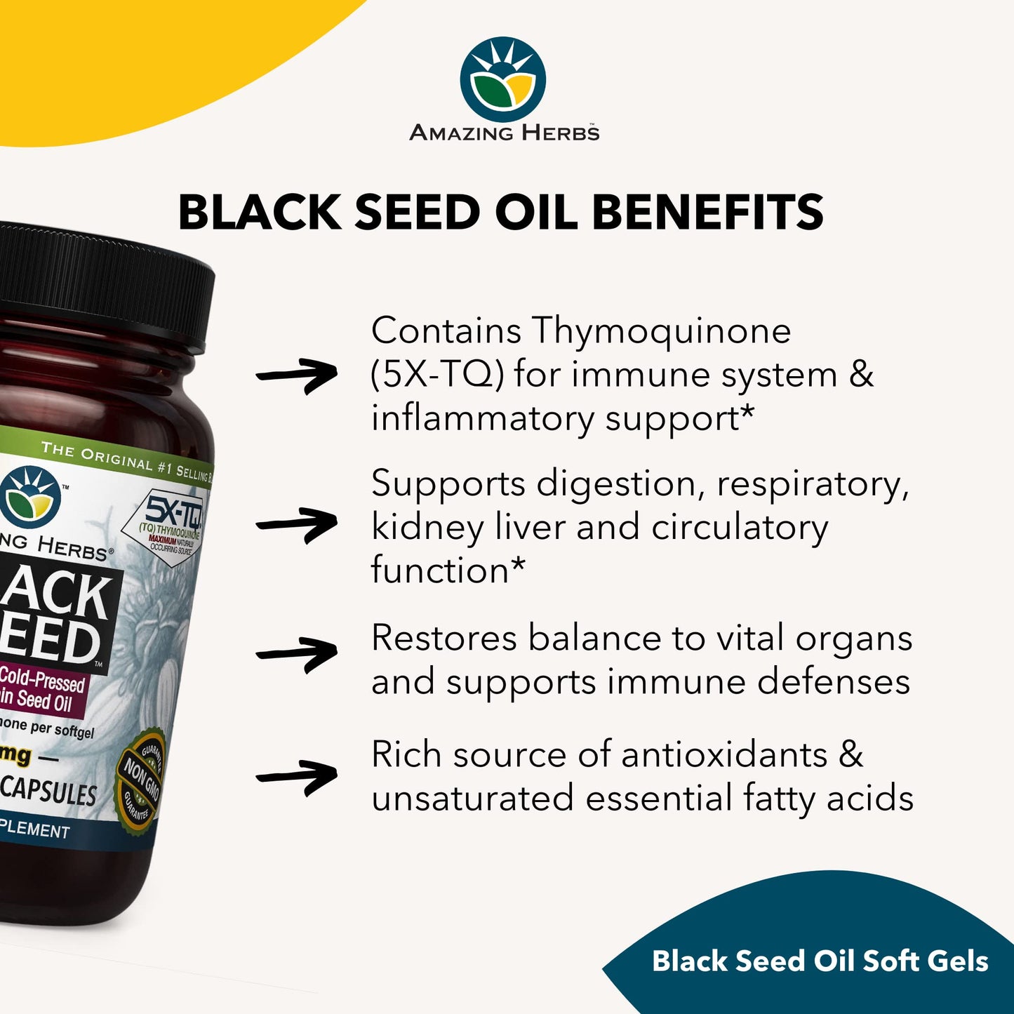 Amazing Herbs Premium Black Seed Oil Capsules - Cold Pressed Nigella Sativa Aids