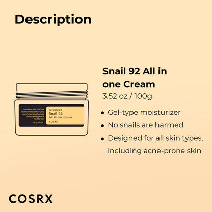 COSRX Snail Mucin 92% Repair Cream, Daily Face Gel Moisturizer for Dry Skin