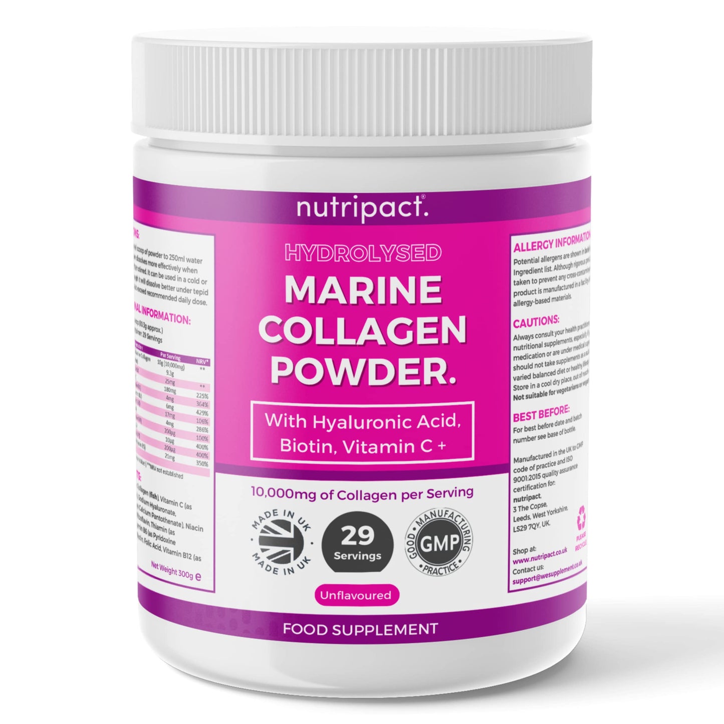 Hydrolysed Marine Collagen Peptides Powder with Hyaluronic Acid, Biotin, Vitamin C & B Vitamins – 10,000mg Collagen