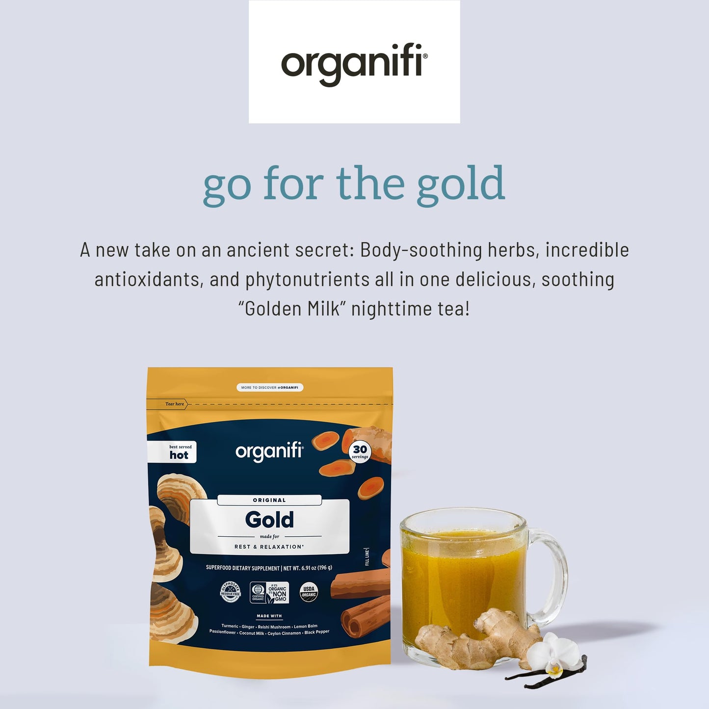 Organifi: Gold - Superfood Supplement Powder- 90 Servings (3 Pack) - Stress Support