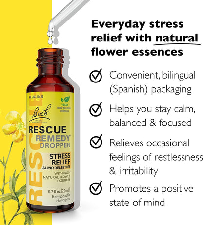 Bach RESCUE Remedy Dropper 20mL Bundle, Non-Alcohol Formula, Natural Stress Relief, Homeopathic