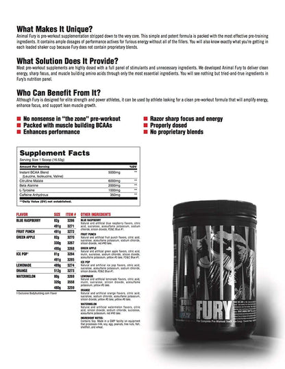 Animal Fury - Pre Workout Powder Supplement for Energy and Focus - 5g BCAA