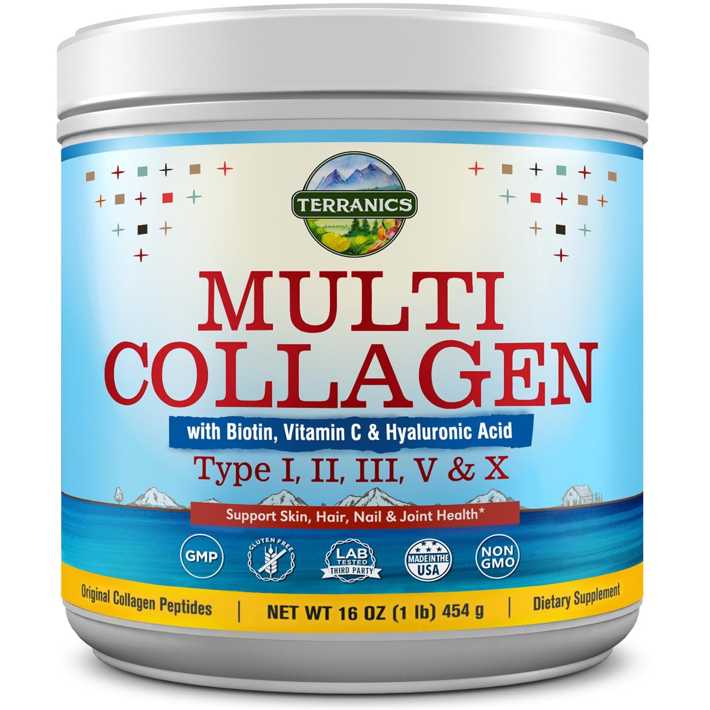 Terranics Multi Collagen Powder Type I II II V X with Biotin VC Hyaluronic Acid, Paleo 