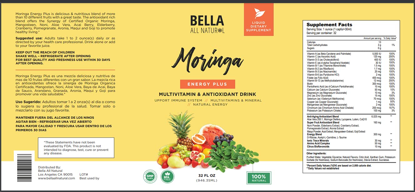 Bella All Natural Moringa Juice Energy Plus - Multivitamin and Antioxidant Drink - 32oz