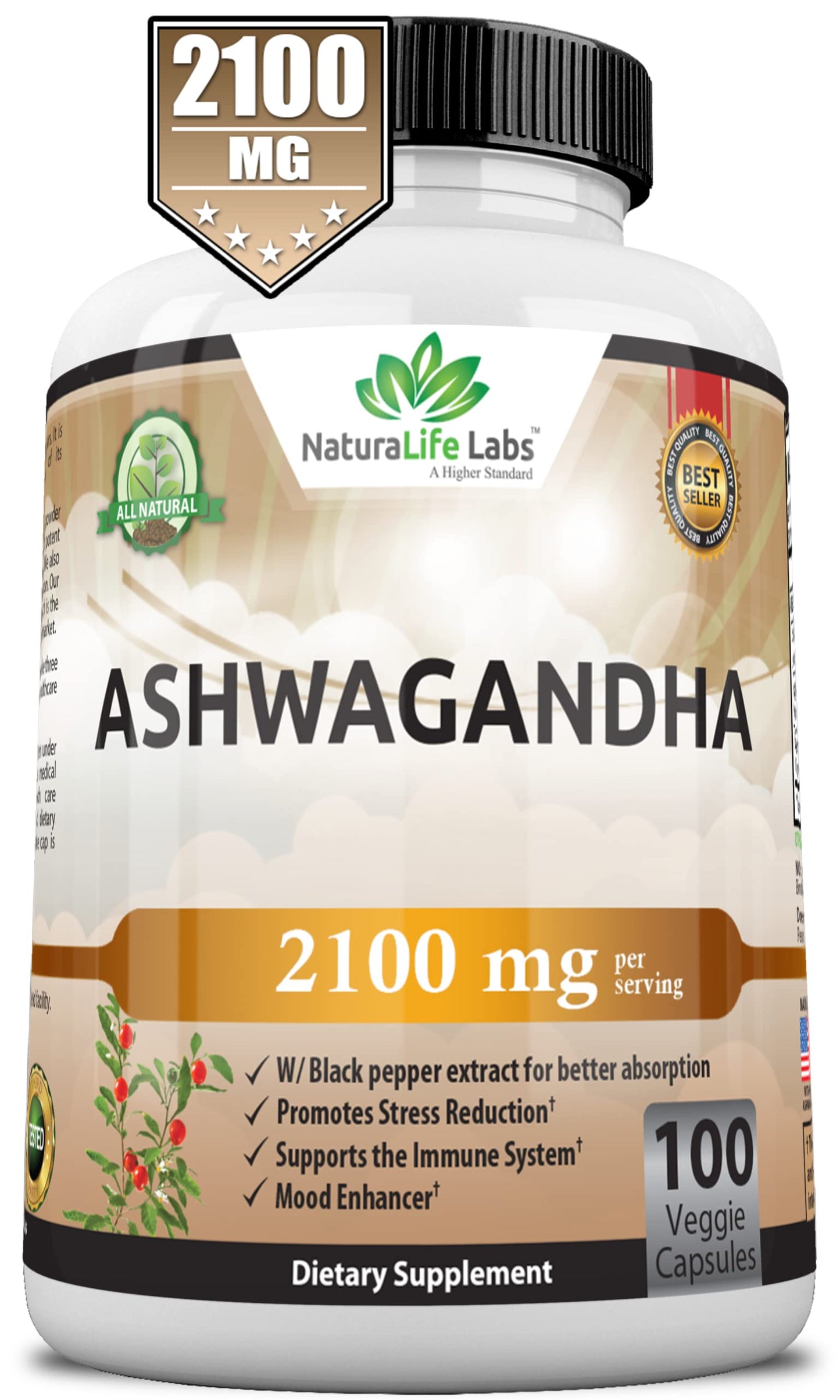 Organic Ashwagandha 2,100 mg - 100 Vegan Capsules Pure Organic Ashwagandha Powder