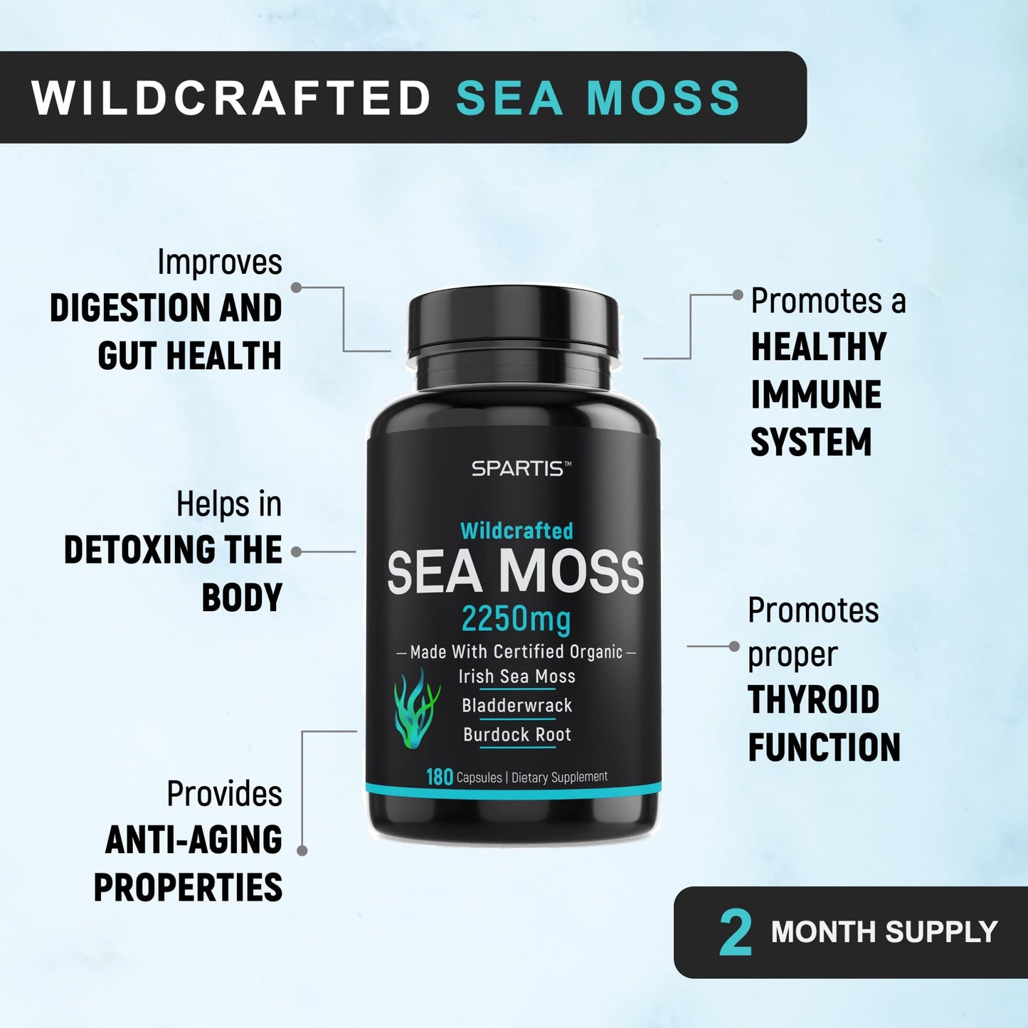 Certified Organic Sea Moss Capsules 2250mg Wildcrafted Irish Sea Moss Burdock Root