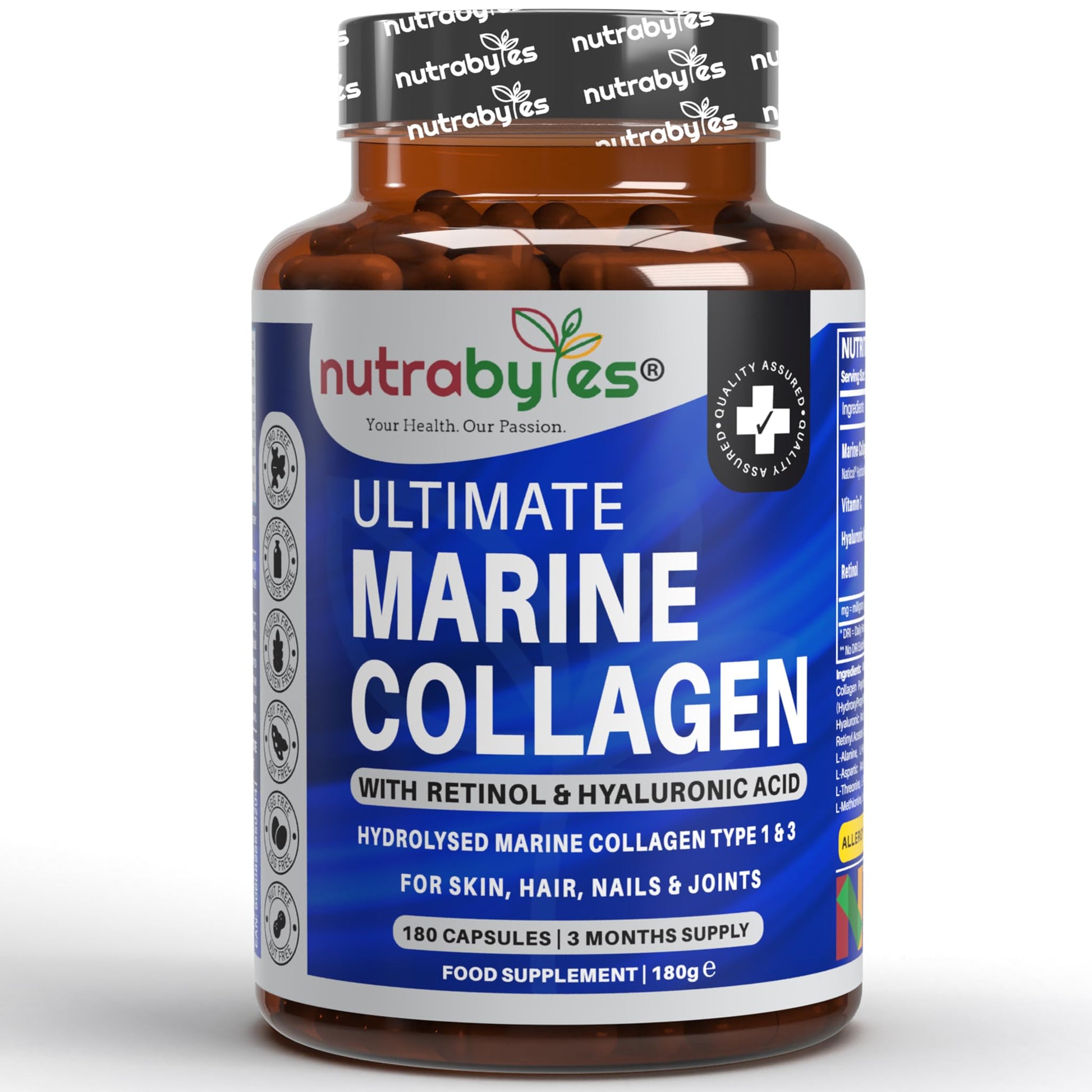 High Strength Marine Collagen with Hyaluronic Acid, Retinol and Vitamin C | 180 Capsules - 3 Months Supply