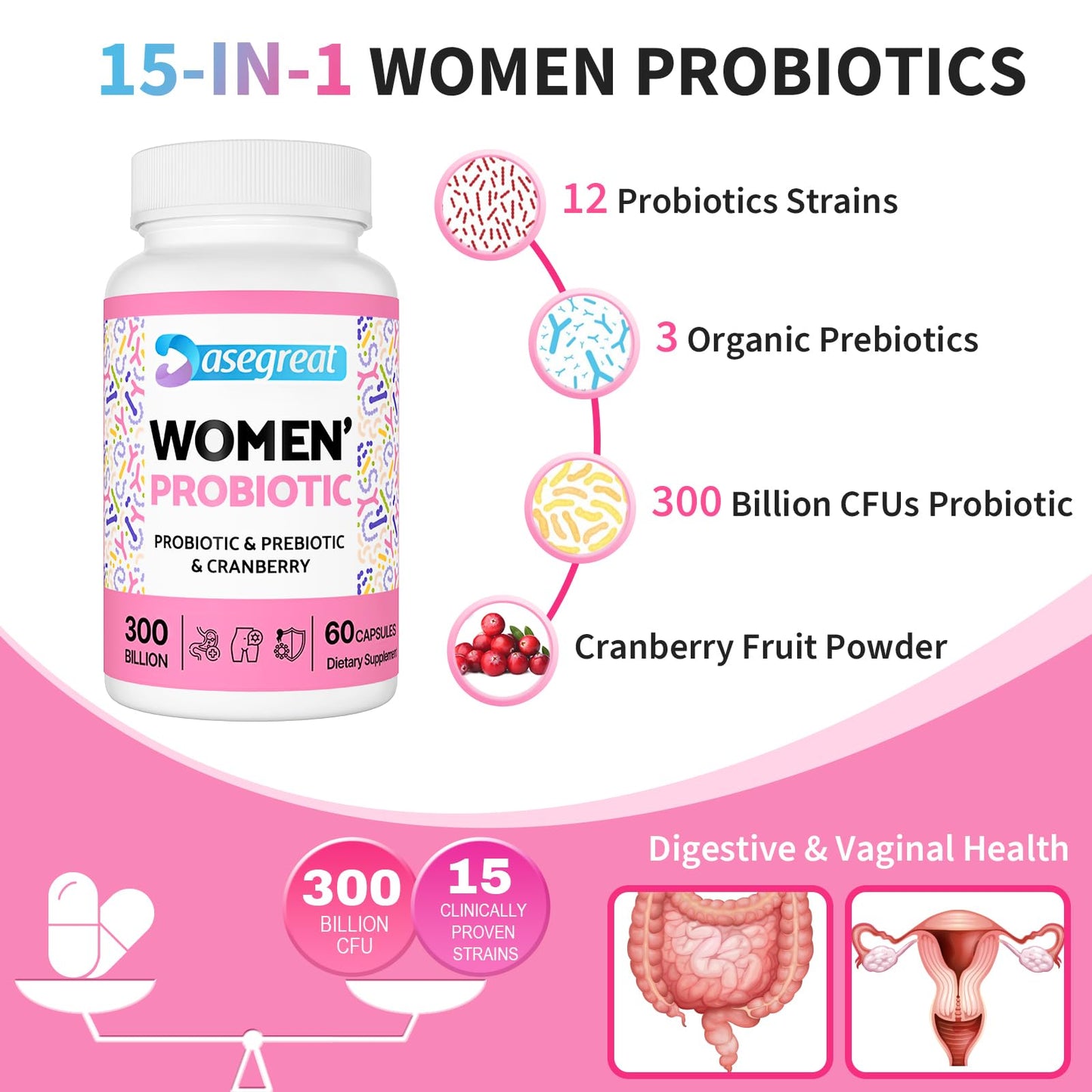 300 Billion CFUs Probiotics for Women,12 Strains Probiotics with Prebiotic Cranberry