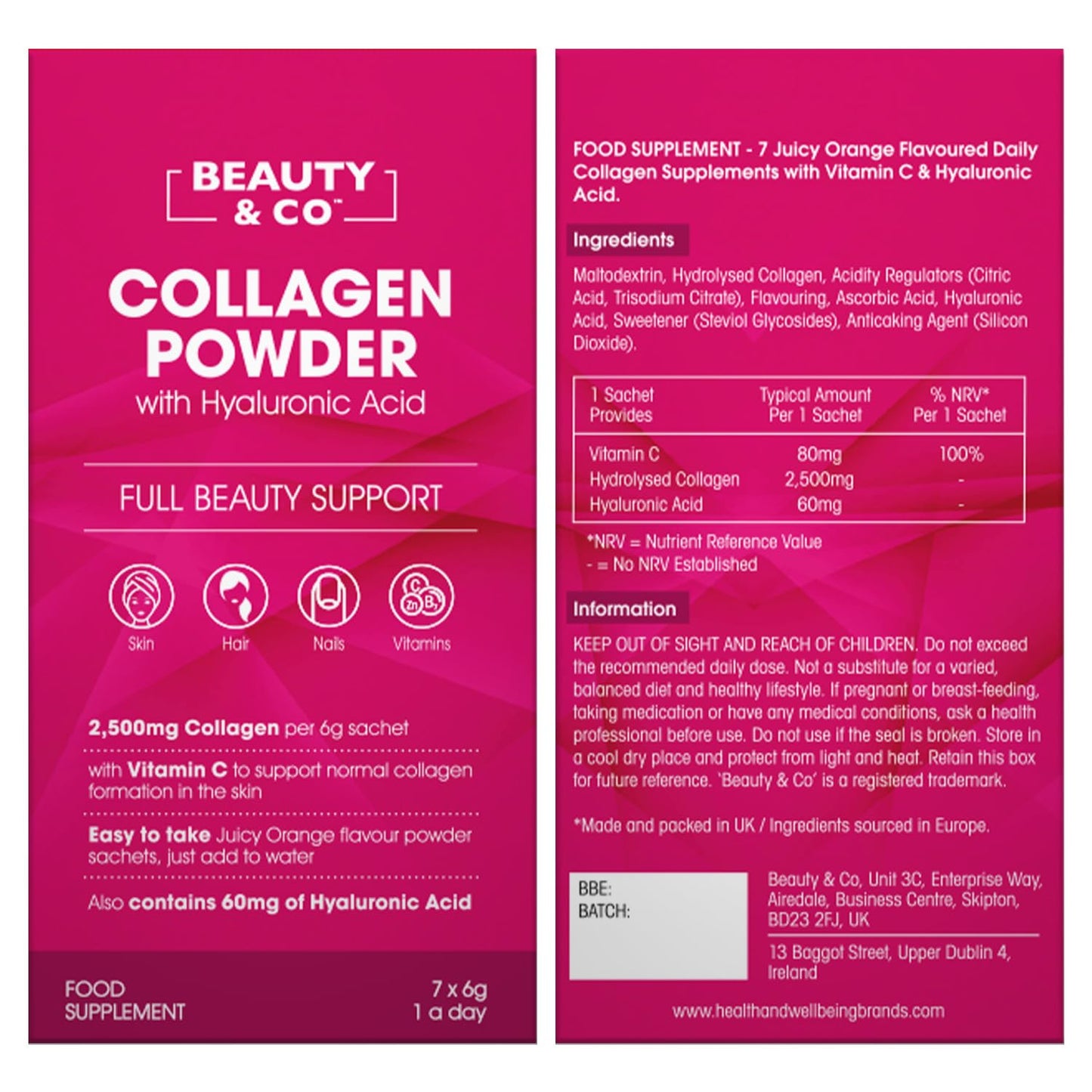 Collagen 2500mg Powder Supplement Boosted with Vitamin C and Hyaluronic Acid (Bovine)