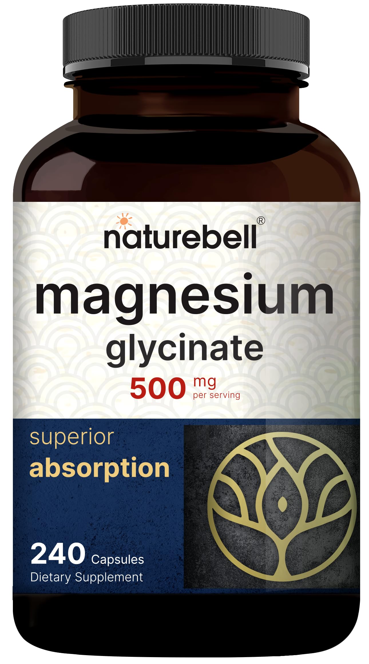 NatureBell Magnesium Glycinate Capsules 500mg | 240 Count, 100% Chelated & Purified