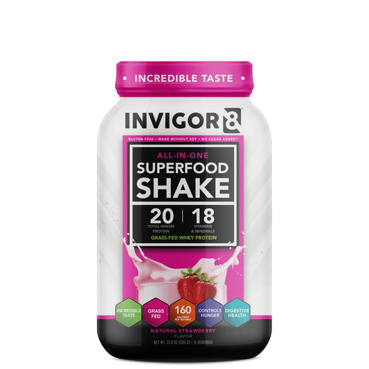 INVIGOR8 Superfood Grass Fed Whey Protein Isolate Shake Natural Strawberry Gluten-Free