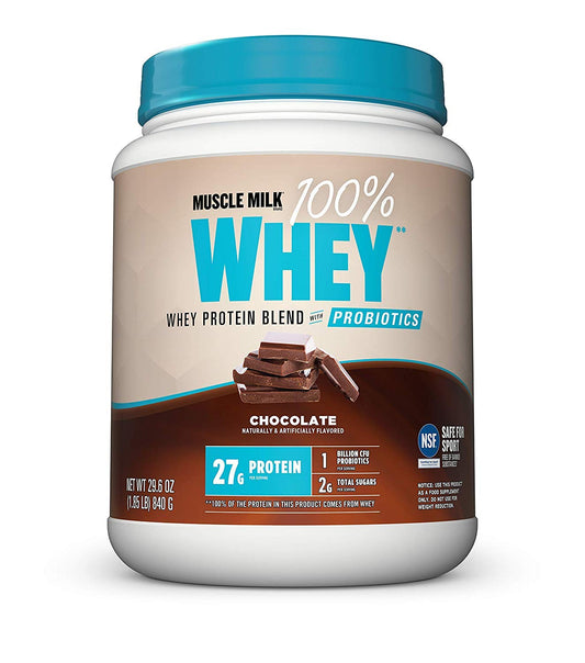 Muscle Milk 100% Whey With Probiotics Protein Powder, Chocolate, 1.85 Pound, 23 Serving