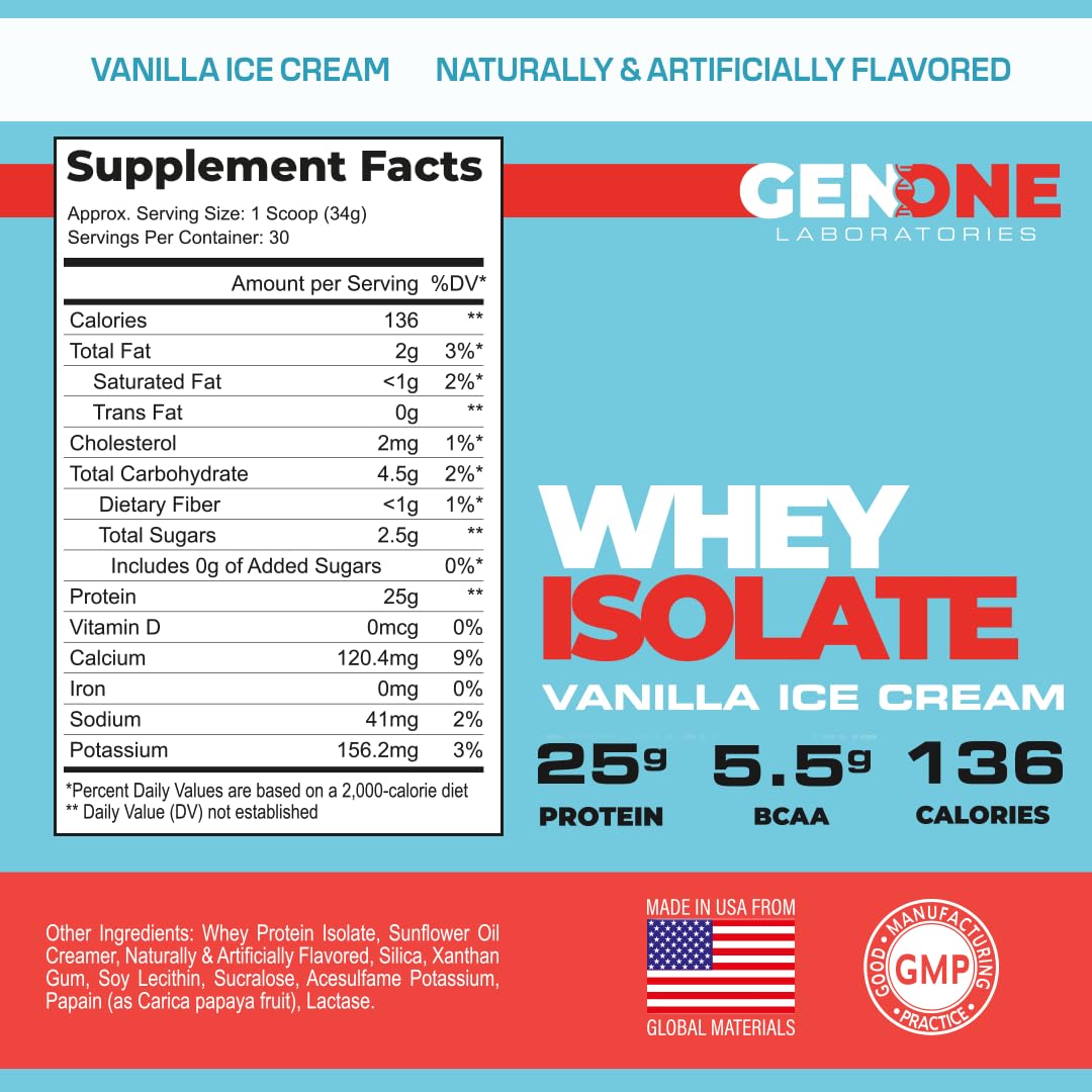 GenOne Whey Protein Powder Isolate, 25g Protein and 5.5g BCAAs per Serving, Vanilla Ice