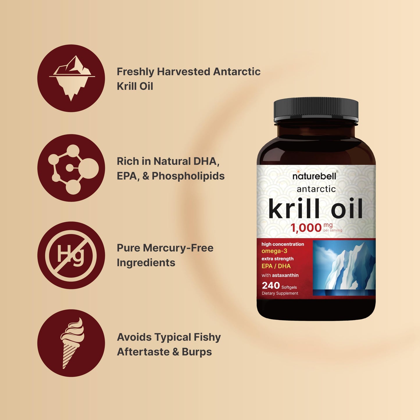 NatureBell Antarctic Krill Oil 1000mg Supplement, 240 Softgels, Natural Source of Omega-3