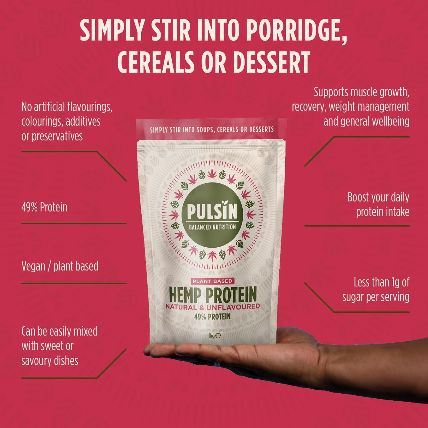 Pulsin - Natural Unflavoured Vegan Hemp Protein Powder - 1kg - 4.9g Protein, 0.4g Carbs, 35 Kcal Per Serving