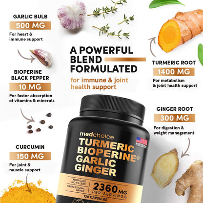 4-in-1 Supplement with Turmeric, Garlic, Ginger Root, and Black Pepper - 120 Capsules