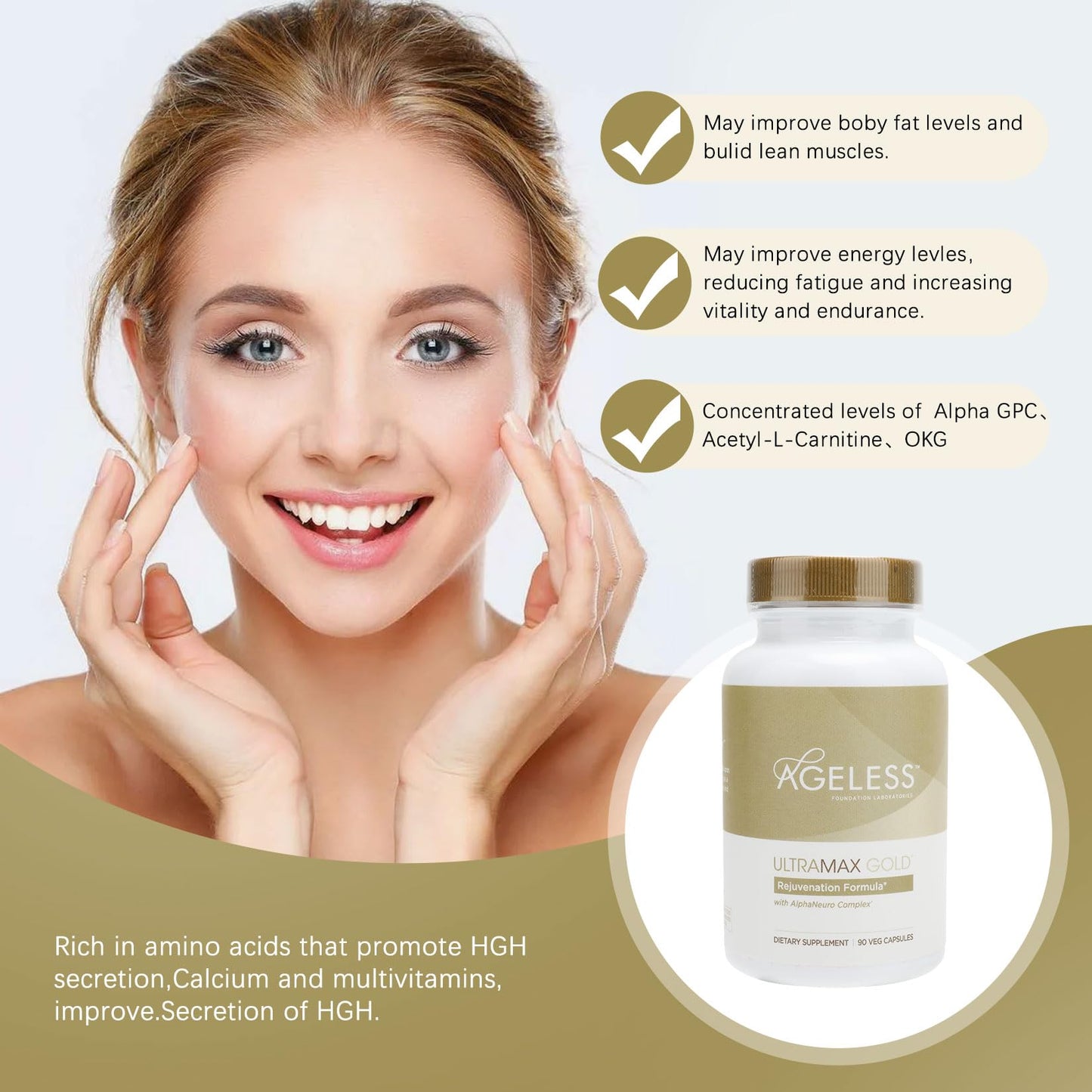 AGELESS™: UltraMAX Gold™ Capsules, HGH Anti-Aging Supplement for Women, Slows