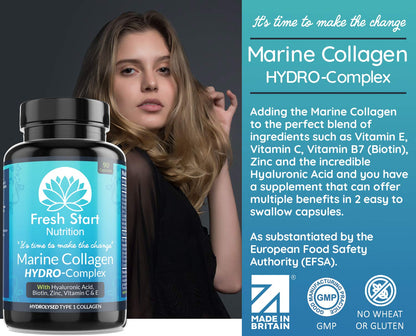 Marine Collagen Tablets 1000mg - 90 Premium Type 1 Hydrolysed Collagen Capsules with Hyaluronic Acid