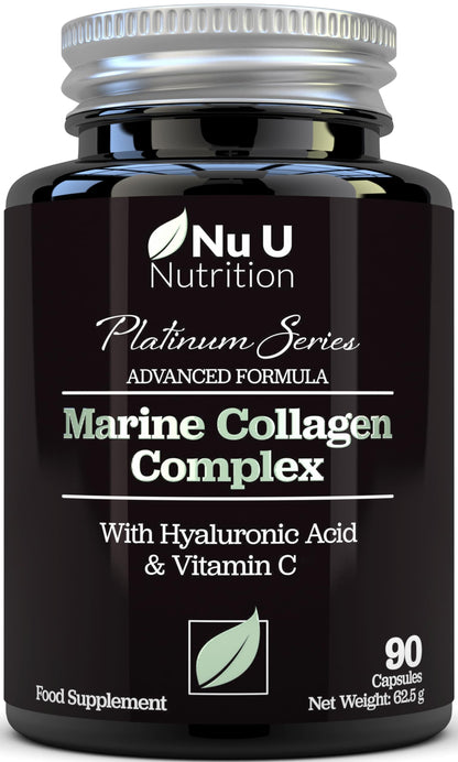 Marine Collagen with Hyaluronic Acid, Vitamin C - 90 Hydrolysed Capsules (not Tablets) - Premium High Strength Collagen