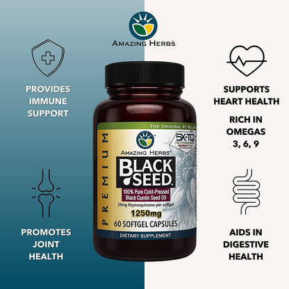 Amazing Herbs Premium Black Seed Oil Capsules - High Potency, Cold Pressed Nigella