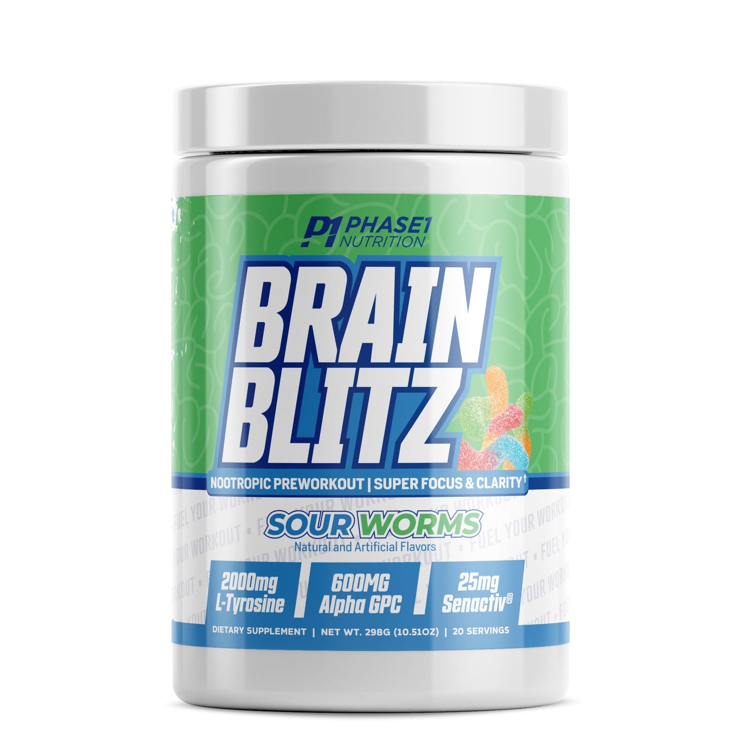 Phase 1 Nutrition Brain Blitz, Sour Worms - Nootropic Preworkout with Beta Alanine