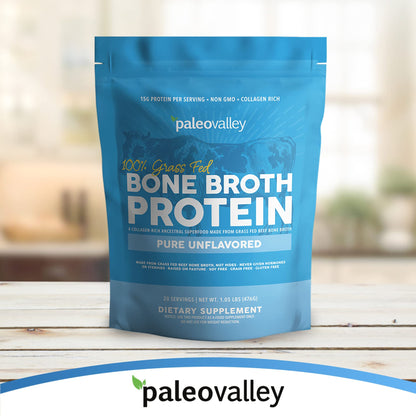 Paleovalley 100% Grass Fed Beef Bone Broth Protein Powder - Rich in Collagen Peptides