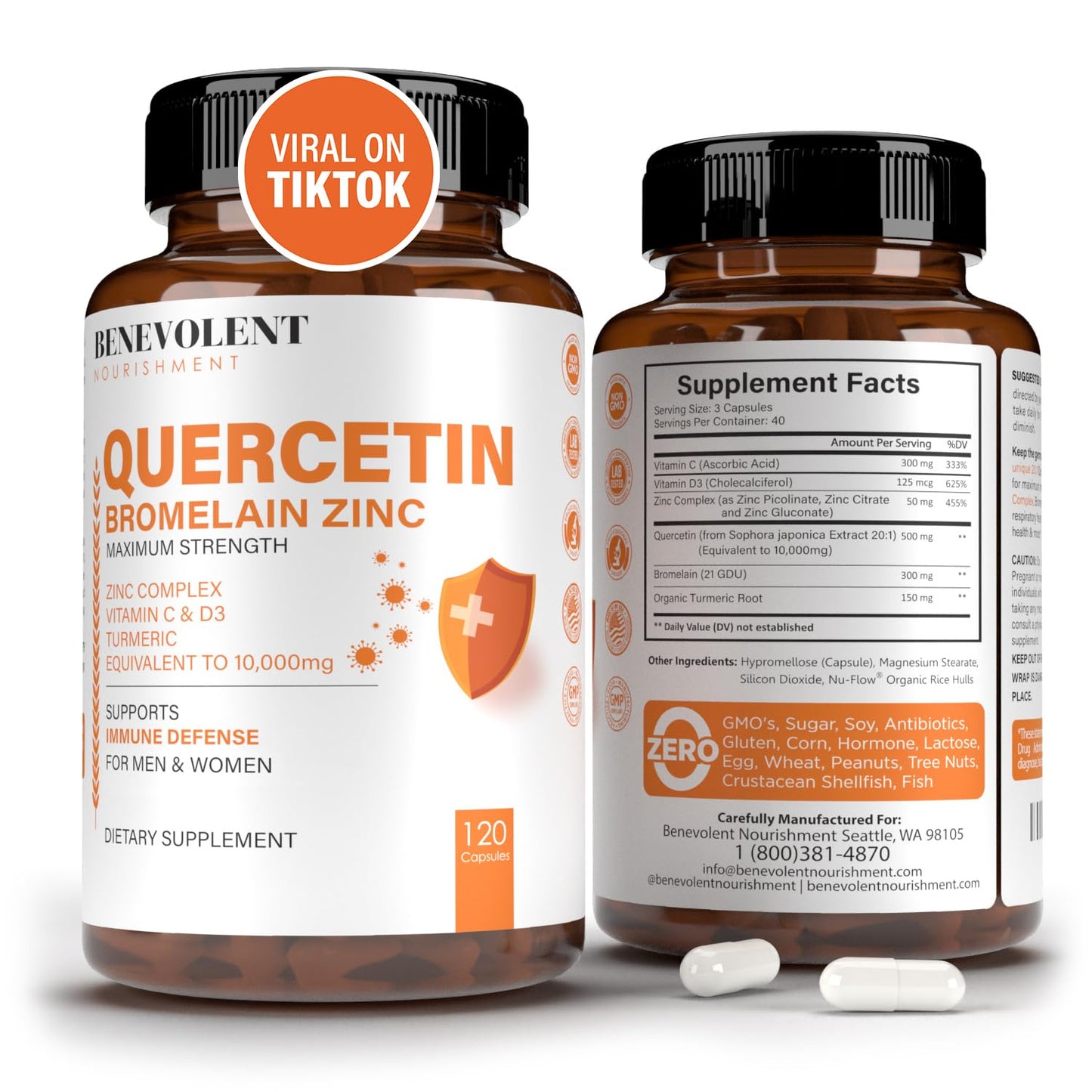 Benevolent Nourishment Quercetin with Bromelain, Zinc Complex, Vitamin C & D, Turmeric 