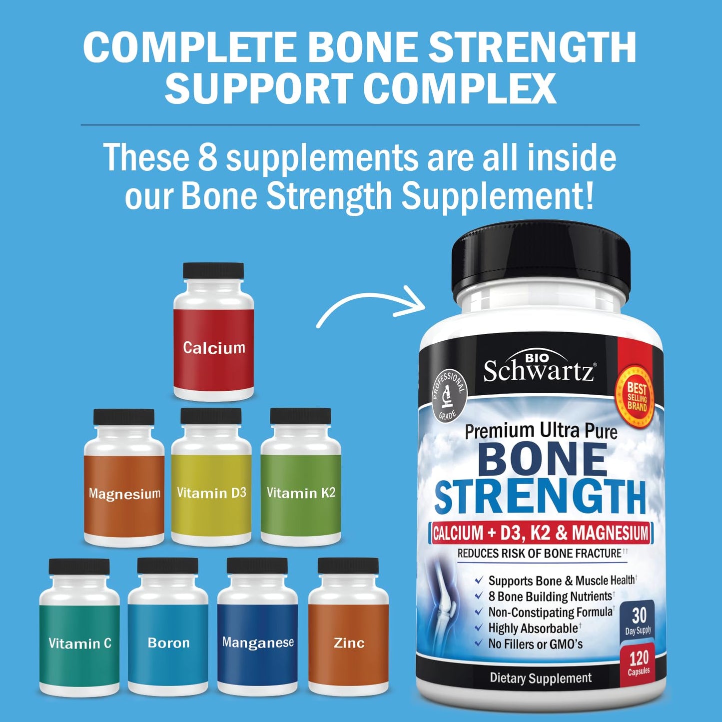 Bone Strength Supplement with Calcium + D3, K2 & Magnesium - Highly Absorbable