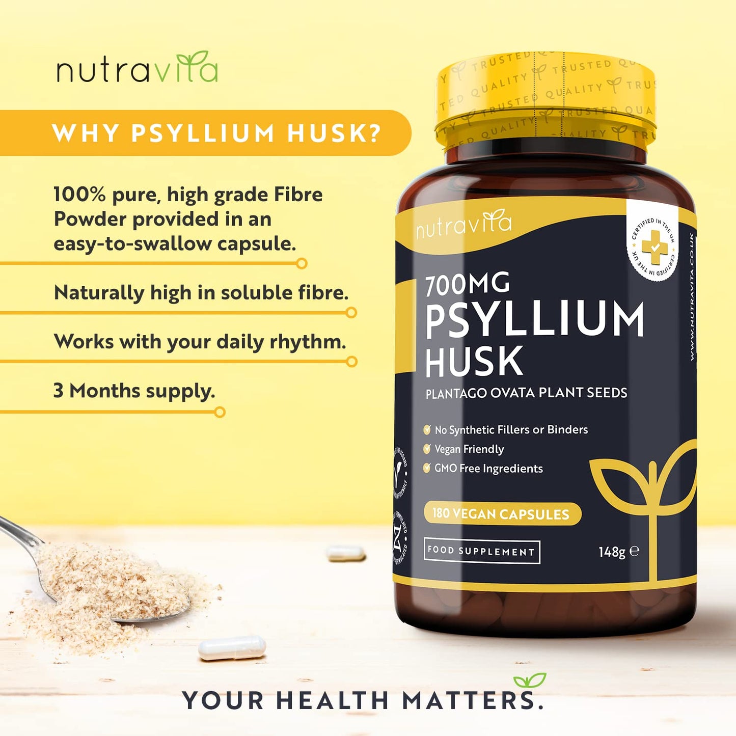 Psyllium Husks Fibre Supplement – 1400mg per Serving – Naturally High in Soluble Fibre