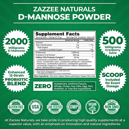 Zazzee D-Mannose Powder Plus, 2000 mg, 67 Servings, Potent & Fast-Acting