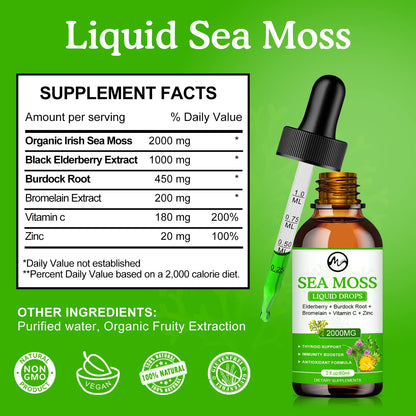 Sea Moss Liquid Drops - Irish Sea Moss 2000mg with Elderberry, Burdock Root, Bromelain