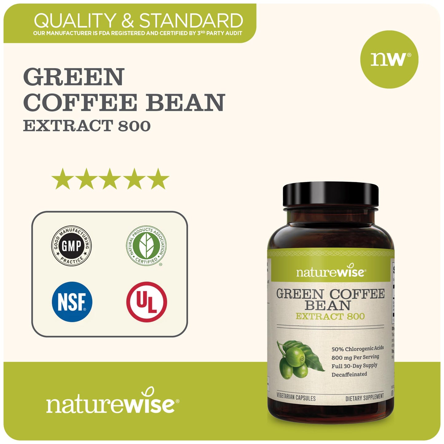 NatureWise Green Coffee Bean 800mg Max Potency Extract 50% Chlorogenic Acids