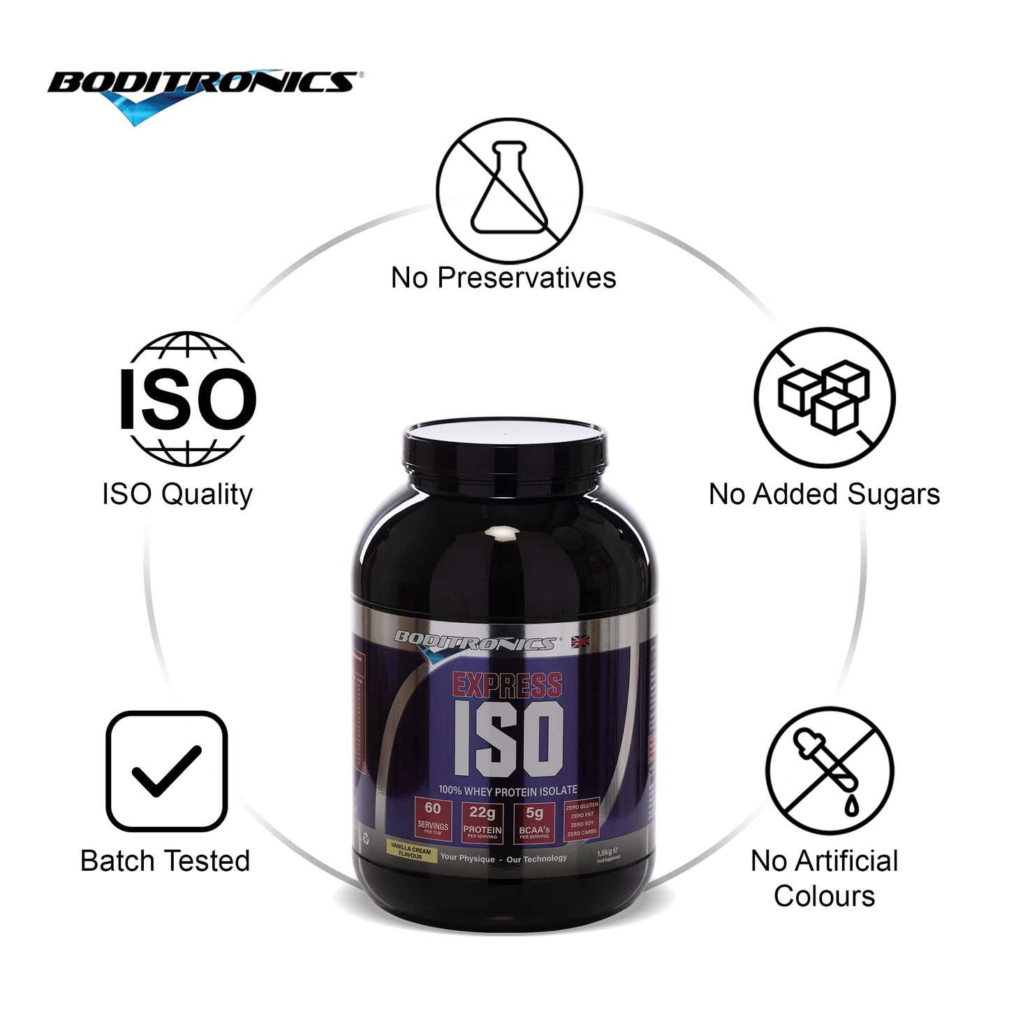 Boditronics 1.5 kg Iso Express Whey 100% Whey Isolate Protein Powder with Occurring Amino Acid