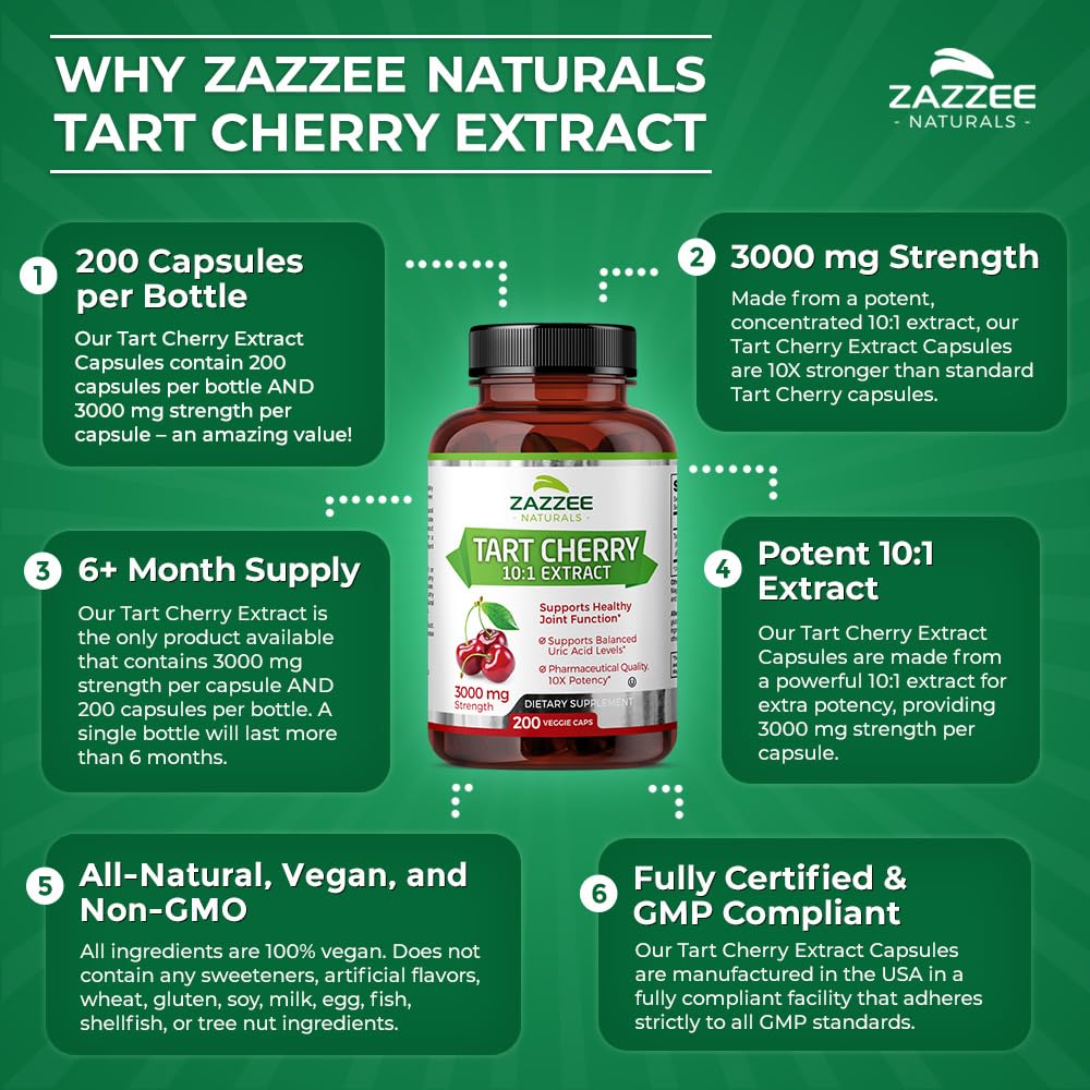 Zazzee Tart Cherry 10:1 Extract, 3000 mg Strength, 200 Vegan Capsules