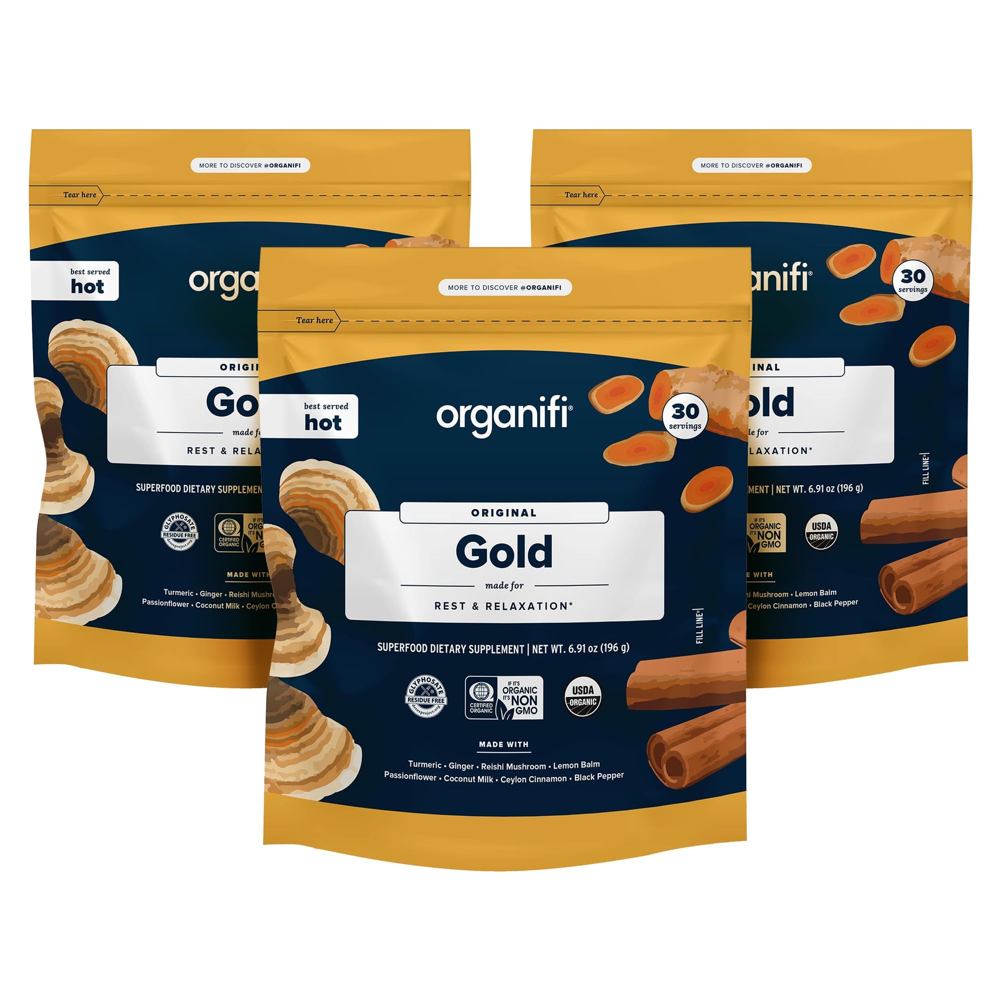 Organifi: Gold - Superfood Supplement Powder- 90 Servings (3 Pack) - Stress Support