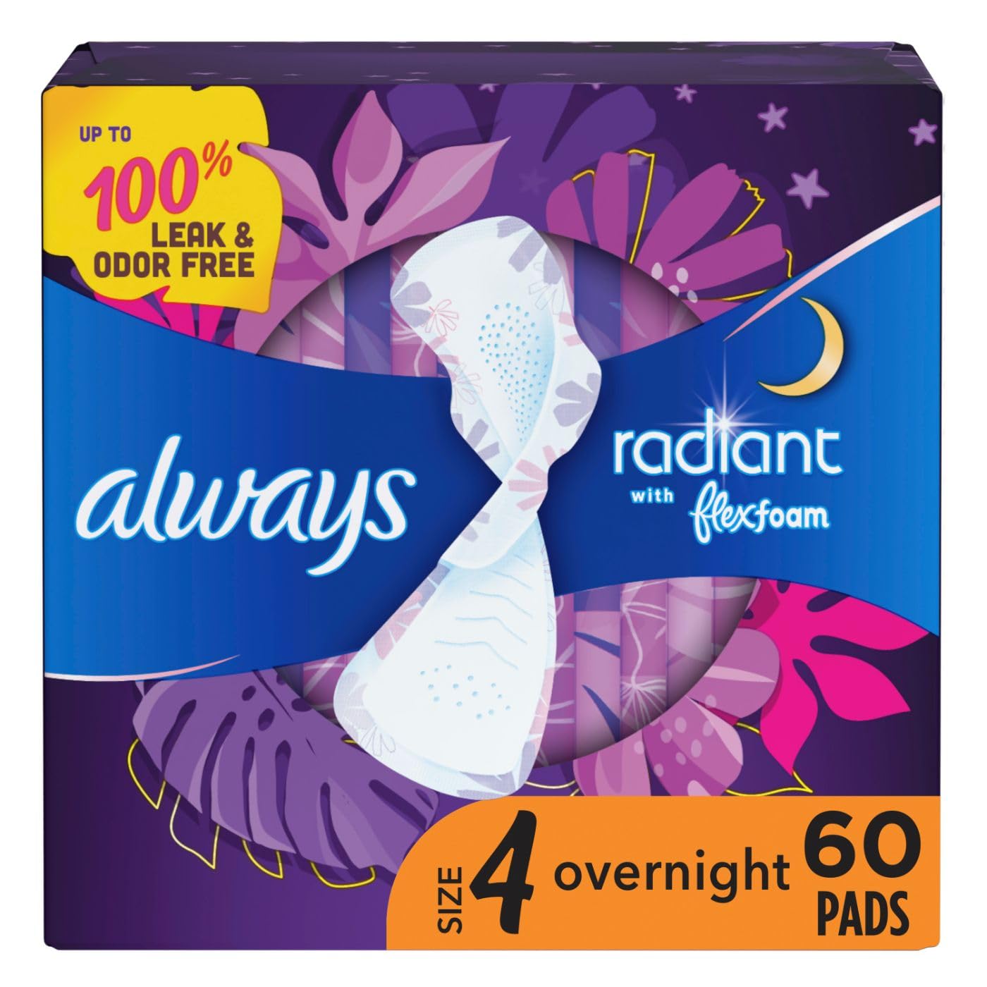 Always Radiant Feminine Pads for Women, Size 4 Overnight Pads