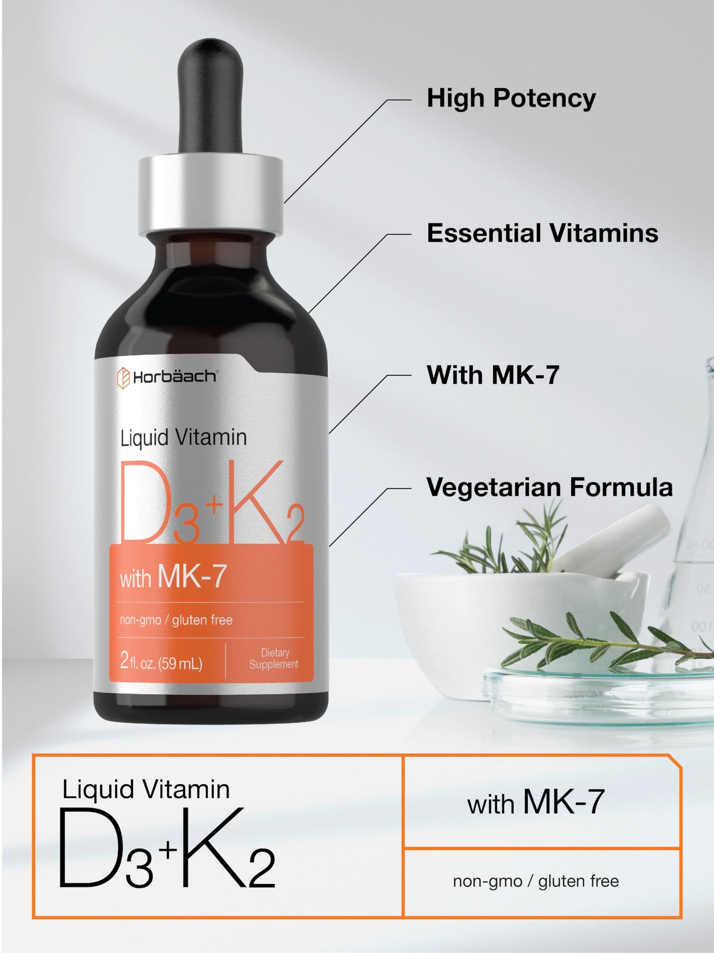 Horbäach Vitamin D3 + K2 Liquid Drops | with MK7 | 2 Fl Oz | Vegetarian | Non-GMO