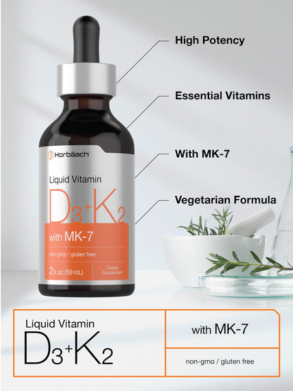 Horbäach Vitamin D3 + K2 Liquid Drops | with MK7 | 2 Fl Oz | Vegetarian | Non-GMO