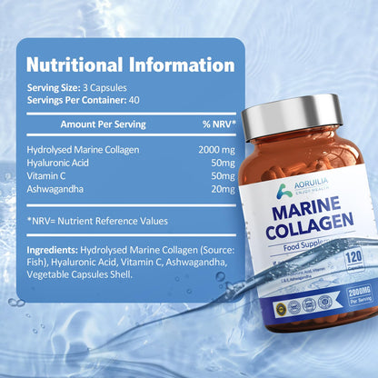 Marine Collagen Supplements for Women Men 2000mg 120 Capsules Hyaluronic Acid, Vitamin C, Vitamin E, & Ashwagandha