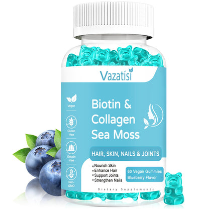 Biotin Gummies 15000mcg with Collagen, Sea Moss, Chlorophyll & Keratin for Hair Skin 