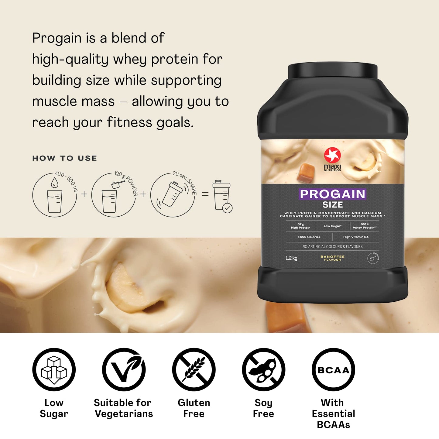 MaxiNutrition - Progain, Banoffee - Whey Protein Powder for Size & Muscle Mass – Low Sugar