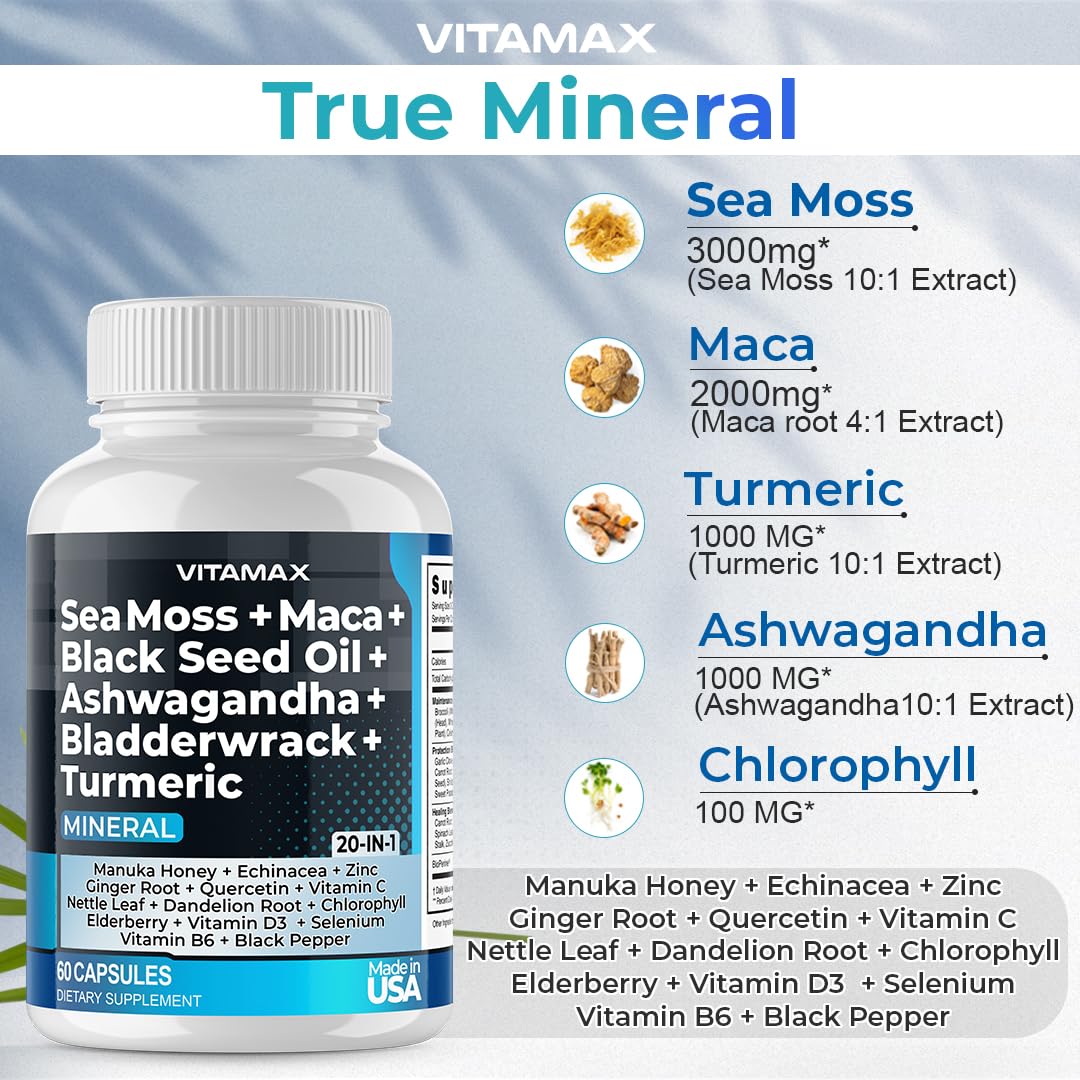 Sea Moss 3000mg Maca 1000mg Black Seed Oil 2000mg Ashwagandha 1000mg Bladderw