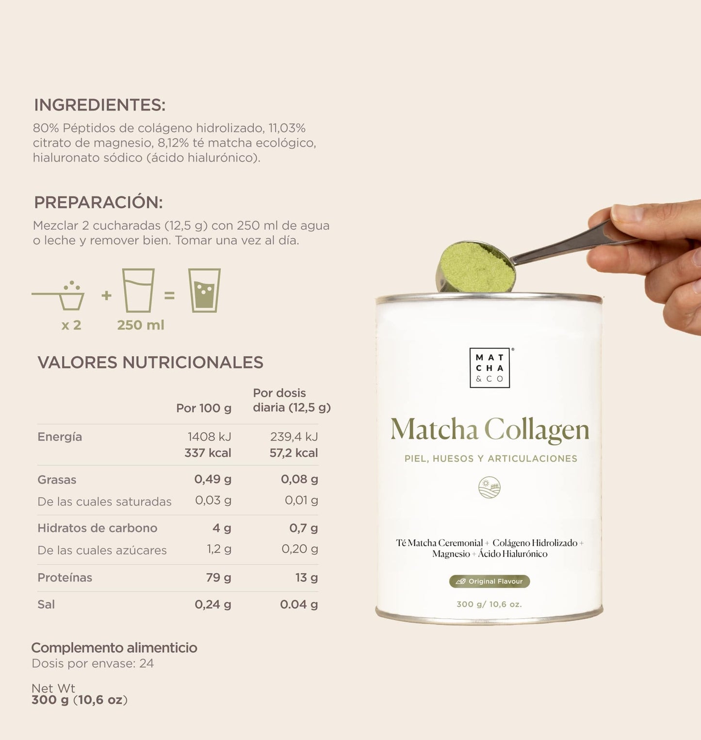 Collagen with Magnesium, Matcha Tea and Hyaluronic Acid. Joints, skin and nails