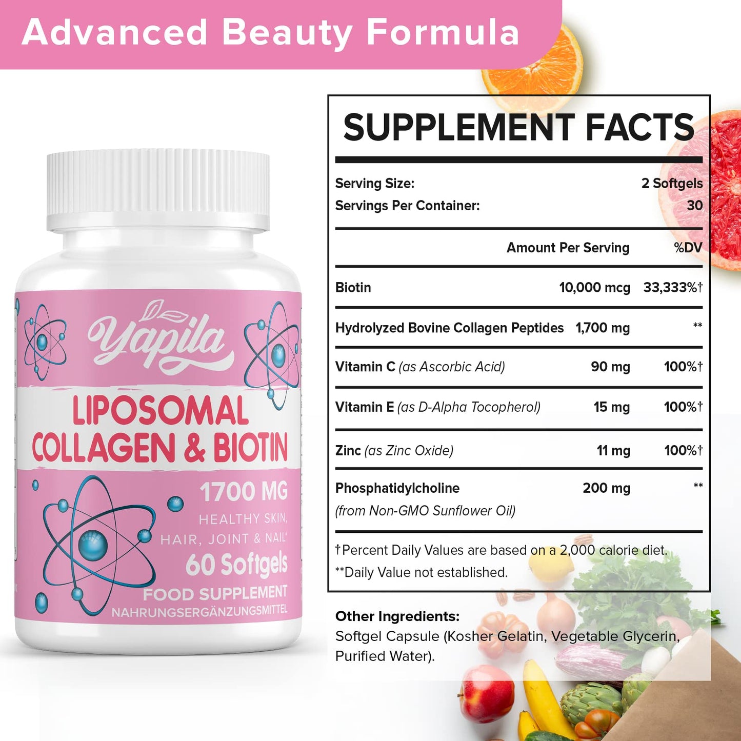 Liposomal Collagen Biotin Capsules, Hydrolyzed Bovine Collagen Peptides 1700 mg, Types 1 & 3 Protein